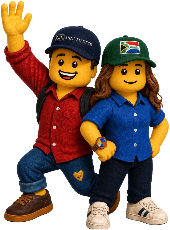 The two Howzit Buddy characters: a boy in a red shirt and navy cap, waving hello, and a girl in a blue shirt and a green South African flag cap, hand on her hip.