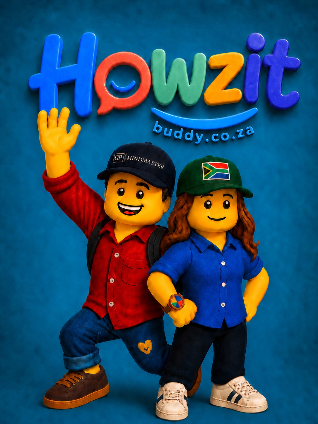 The two Howzit Buddy characters, one waving hello